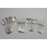 OLD ENGLISH PATTERN:- Six George III table spoons and five dessert spoons, six various table forks