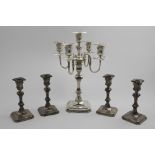 AN EARLY 20TH CENTURY FIVE-LIGHT CANDELABRUM on a canted square base with facets, a knopped
