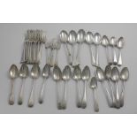 A MIXED LOT:- A set of eight George III table forks, Old English pattern, initialled "CTG", by