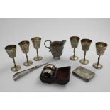 A MIXED LOT:- A set of six small late 20th century goblets with engraved decoration and a vacant