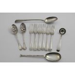 MISCELLANEOUS FLATWARE:- A set of six Edwardian Old English pattern table forks, initialled "B",