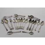 A MIXED LOT:- A set of six decorative tea spoons with vacant scroll cartouches, Sheffield 1903, an