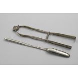 A PAIR OF GEORGE III SERVING TONGS with feather-edging and a sprung pivot, maker's mark "IH", London