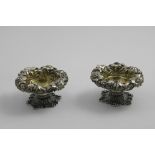 A PAIR OF GEORGE IV CAST NATURALISTIC SALTS on shaped and matted bases with a raised border of