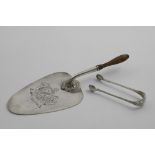 A PAIR OF GEORGE III SCOTTISH SUGAR TONGS with feather-edging and chased arms, initialled "MB",