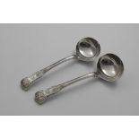 A PAIR OF WILLIAM IV KING'S PATTERN SAUCE LADLES crested, by Messrs. Savory, London 1833; 7.1" (18