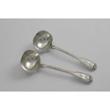 A PAIR OF EARLY VICTORIAN FIDDLE, THREAD & SHELL PATTERN SAUCE LADLES (Diamond Shell heel), crested,