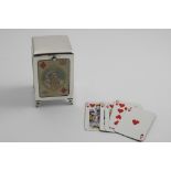 AN EDWARDIAN RECTANGULAR PLAYING CARDS BOX with a low-domed cover, set with four bevelled glass