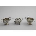 A PAIR OF GEORGE III TWO-HANDLED SALTS with embossed friezes, crested, by William Bateman, London