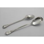 A PAIR OF VICTORIAN SALAD SERVERS in a rare variant of Wellington pattern, engraved crest and motto,