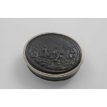 AN EARLY 18TH CENTURY MOUNTED PRESSED HORN OVAL TOBACCO BOX the pull-off cover with an outdoor