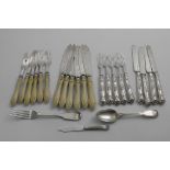 A MIXED LOT:- A set of six pairs of Victorian engraved fish knives and forks with carved ivory
