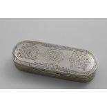 A 19TH CENTURY CONTINENTAL TOBACCO BOX rectangular with rounded ends and engraved decoration on