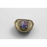 A 19TH CENTURY FRENCH SILVERGILT MOUNTED HARDSTONE SNUFF BOX cartouche-shaped with engraved floral