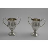 A PAIR OF GEORGE III IRISH LOVING CUPS with twin handles, baluster bodies and circular pedestal