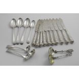 A MIXED LOT:- A set of ten Victorian Queen's pattern fish knives with engraved blades, crested, by