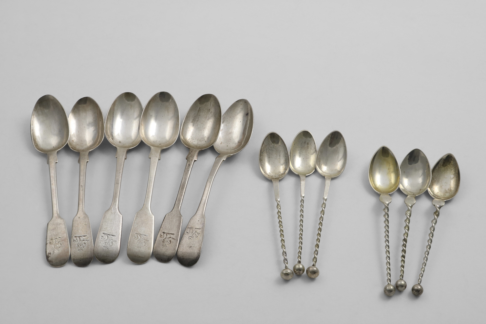 A SET OF SIX NORWEGIAN COFFEE SPOONS with ball terminals and twist stems, by Marius Hammer, together