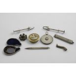 NICKEL & OTHER METAL ITEMS TO INCLUDE:- A circular calibrated rule, gilt metal pinz-nez in a gun-