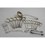 OLD ENGLISH PATTERN FLATWARE:- A set of nine tea spoons & a pair of sugar tongs, initialled, by