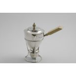 A LATE VICTORIAN BRANDY SAUCEPAN & COVER with an ivory handle and finial, matching stand and burner,