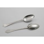 A PAIR OF QUEEN ANNE WAVY-END OR DOGNOSE TABLE SPOONS with plain moulded rattails & the scratched