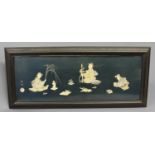 JAPANESE BLUE LACQUER PANEL Meiji, with three maidens at various activities in mother of pearl and