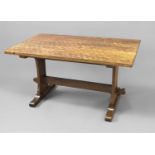 BOB HUNTER - 'WREN MAN' OAK REFECTORY TABLE an oak table with an adzed top, on two shaped supports