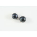 A PAIR OF BLACK CULTURED PEARL STUD EARRINGS each set with a button-shaped cultured pearl