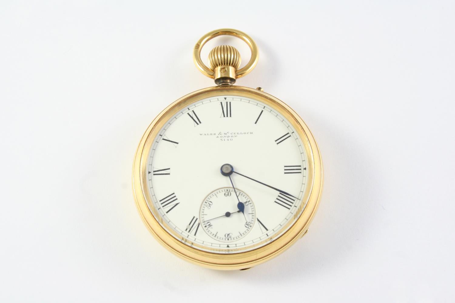 AN 18CT GOLD OPEN FACED POCKET WATCH the white enamel dial signed Wales & McCulloch, London 3140,