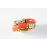 A GOLD, CORAL AND DIAMOND RING BY KUTCHINSKY the gold double banded ring mounted with sections of