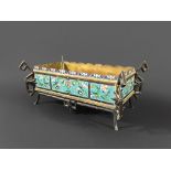 CHINESE BRONZE AND CHAMPLEVE RECTANGULAR JARDINIERE later 19th century, with panels of stylised