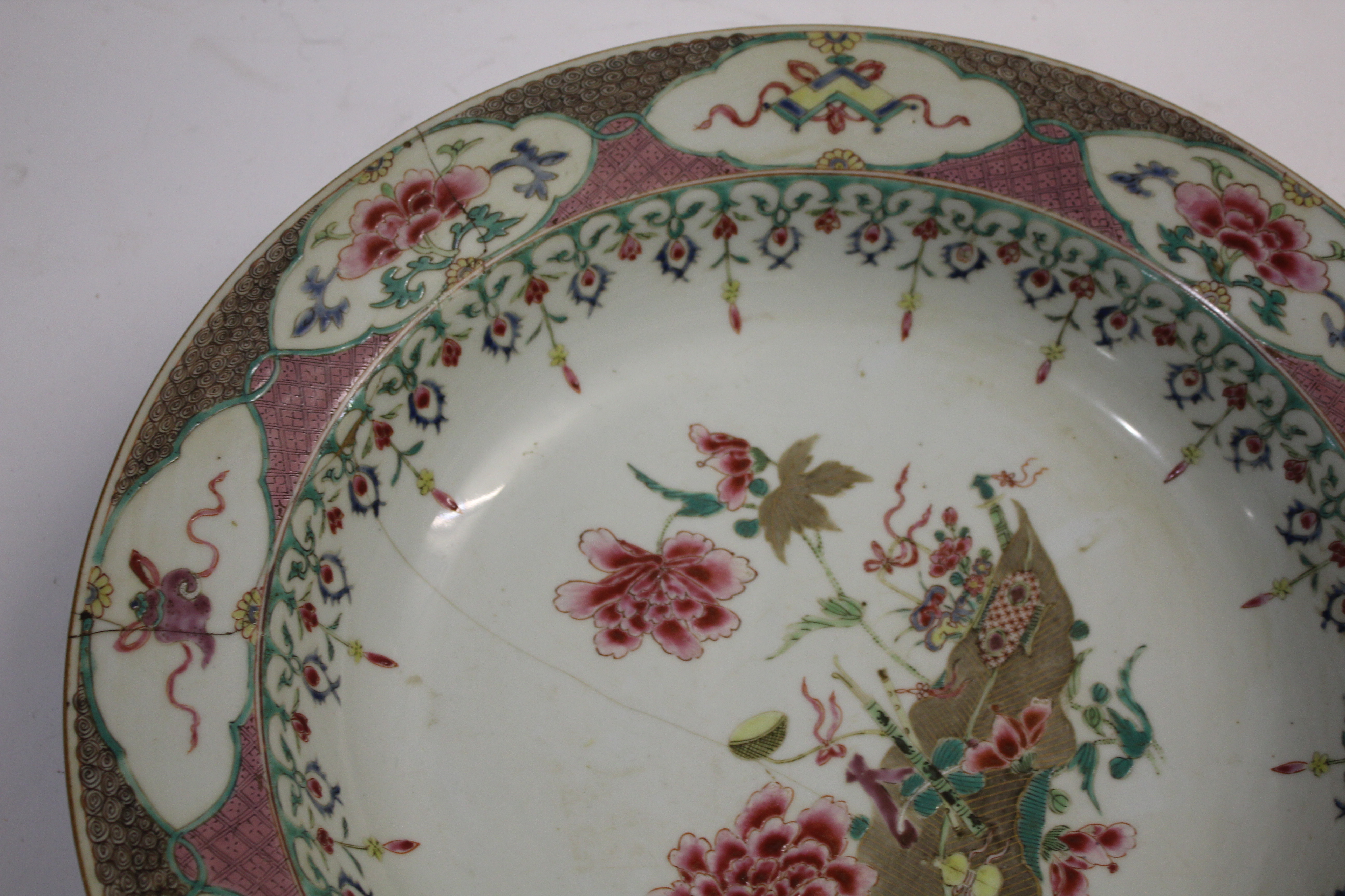 CHINESE FAMILLE ROSE DISH 19th century, enamelled with flowers inside a border with floral and - Image 17 of 19