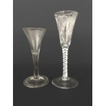 GEORGIAN WINE GLASS circa 1760, the trumpet bowl above a plain stem with tear drop inclusion, and