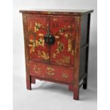 CHINESE RED LACQUERED MARRIAGE CABINET the pair of doors with brass mounts enclosing shelves and a