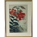 OHASA SHOSON Tiger Lilies and Butterfly, woodblock print, two character signature and iron red seal,