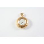 A 14CT GOLD FOB WATCH the white enamel dial with Roman numerals, with engraved decoration to both