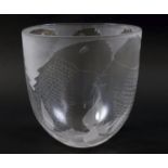 STEVEN NEWELL - LARGE ETCHED GLASS VASE an interesting etched and iridescent glass vase with 'Fish