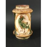 DERUTA STYLE MAIOLICA ALBARELLO painted with cockerals beneath trellis shoulders, painted marks,