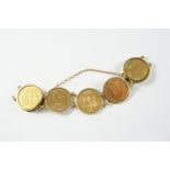 A GOLD HALF SOVEREIGN BRACELET formed as seven half sovereigns in gold mounts, 1859, 1863, 1883, two