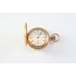 A 14CT GOLD FULL HUNTING CASED POCKET WATCH BY WALTHAM the white enamel dial signed A.W.W. Co.,