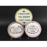 PREPARE TO MEET THY GOD a North Country creamware circular plaque, with black inscription in a
