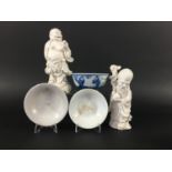 TWO CHINESE BLANC DE CHINE FIGURES of Shou Lao and a buddha holding a ball, 20cm and smaller;
