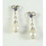 A PAIR OF NATURAL PEARL, SAPPHIRE AND DIAMOND DROP EARRINGS each earring set with a natural pearl