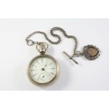 A SILVER OPEN CASED POCKET WATCH BY WALTHAM the signed white enamel dial with Roman numerals and