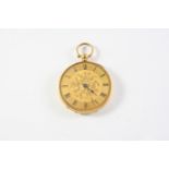 A SWISS 18CT GOLD OPEN FACED POCKET WATCH the gold foliate dial with black Roman numerals, the
