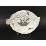 WORCESTER LETTUCE LEAF DISH circa 1760, painted with exotic birds and insects, 26cm