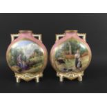 PAIR OF ROYAL WORCESTER MOON FLASK VASES date code for 1878, the Japanesque bodies painted with