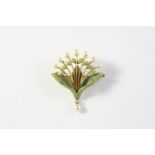 AN ART NOUVEAU ENAMEL AND PEARL FOLIATE BROOCH the green enamel mount set with small pearls and