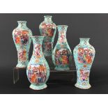 GARNITURE OF FIVE CHINESE VASES later 19th century, painted with figural cartouches on a textured,