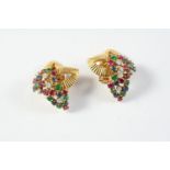 A PAIR OF GOLD AND GEM SET EARRINGS BY BOUCHERON of cascading leaf form, each set with circular-